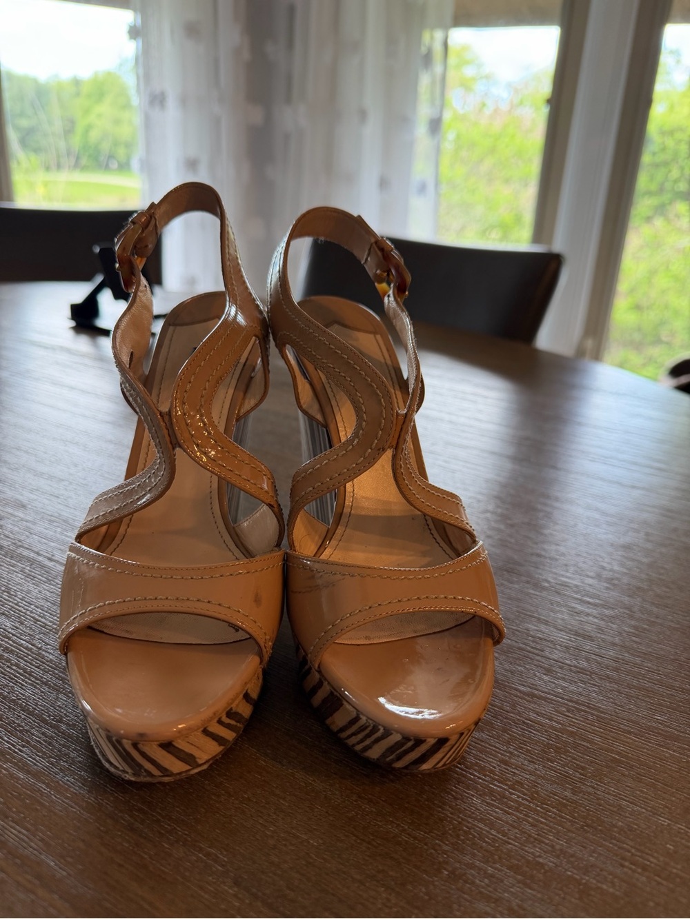 Prada Tan Patent Leather Platform Wedge Sandals with Zebra-Print Trim